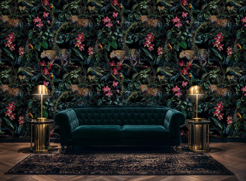 Leopard Jungle Wallpaper Mural: Exotic Botanical Peel and Stick - Etsy