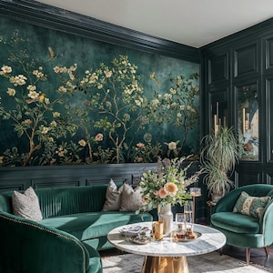Donkergroene chinoiseriebehangmuurschildering: Peel-and-Stick-behang met vogels en bloemen