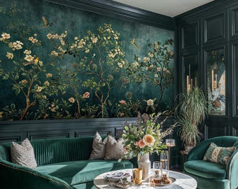 Dark Green Chinoiserie Wallpaper Mural: Birds &  Flowers Peel and Stick Wallpaper