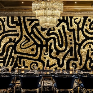 May include: A luxurious dining room featuring a black table with place settings and dark blue chairs. The walls are adorned with a gold and black abstract pattern, and a large crystal chandelier hangs from the ceiling.