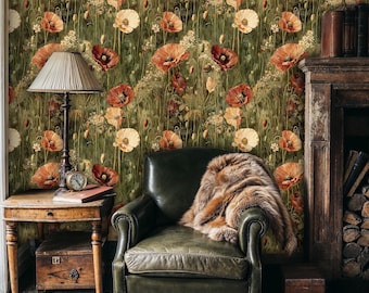 Rustic Poppy Floral Wallpaper: Vintage Botanical Mural, Green Peel and Stick
