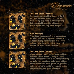 May include: A close-up of a wallpaper sample with a textured, animal print design. The text "Peel and Stick Smooth" describes the wallpaper's application and features. The text "Non-Woven" describes the material. The text "Peel and Stick Canvas" describes the wallpaper's texture and finish.
