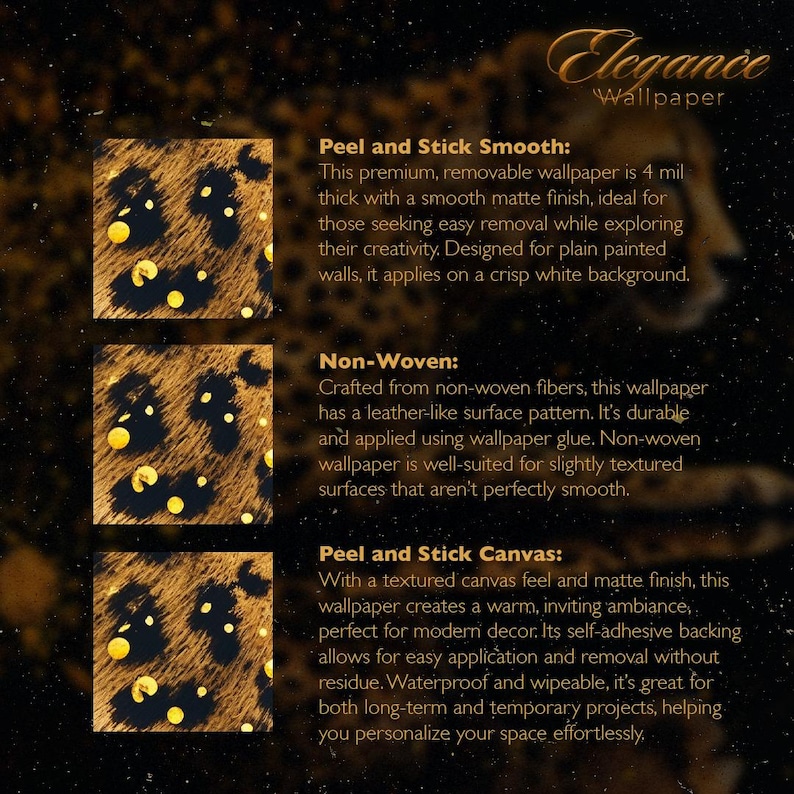 May include: A close-up of a wallpaper sample with a textured, animal print design. The text "Peel and Stick Smooth" describes the wallpaper's application and features. The text "Non-Woven" describes the material. The text "Peel and Stick Canvas" describes the wallpaper's texture and finish.