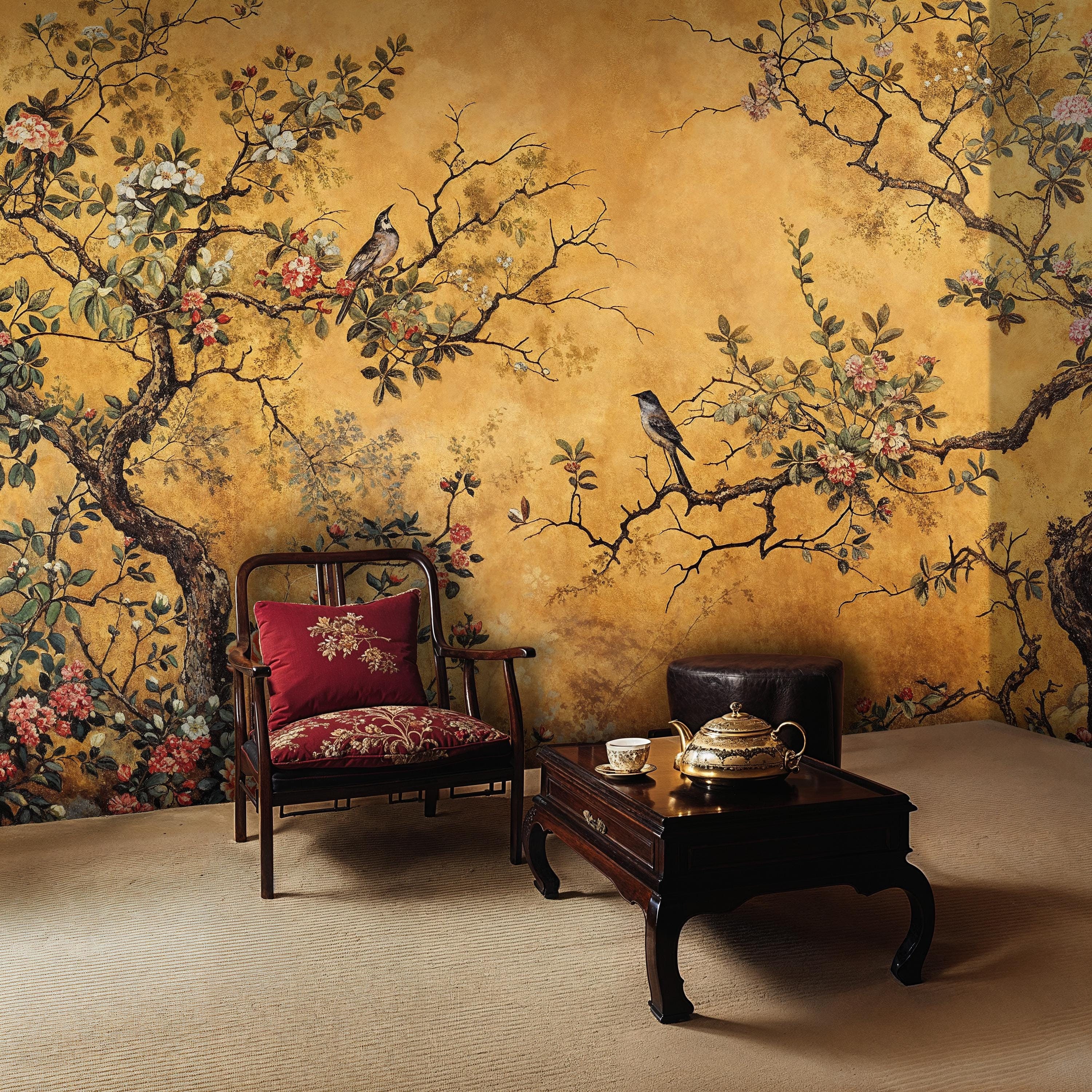 Yellow Chinoiserie Wall Mural, Tree and Birds Wallpaper, Floral Wall Mural with Birds, Chinoiserie and Flower Wallpaper Peel and Stick