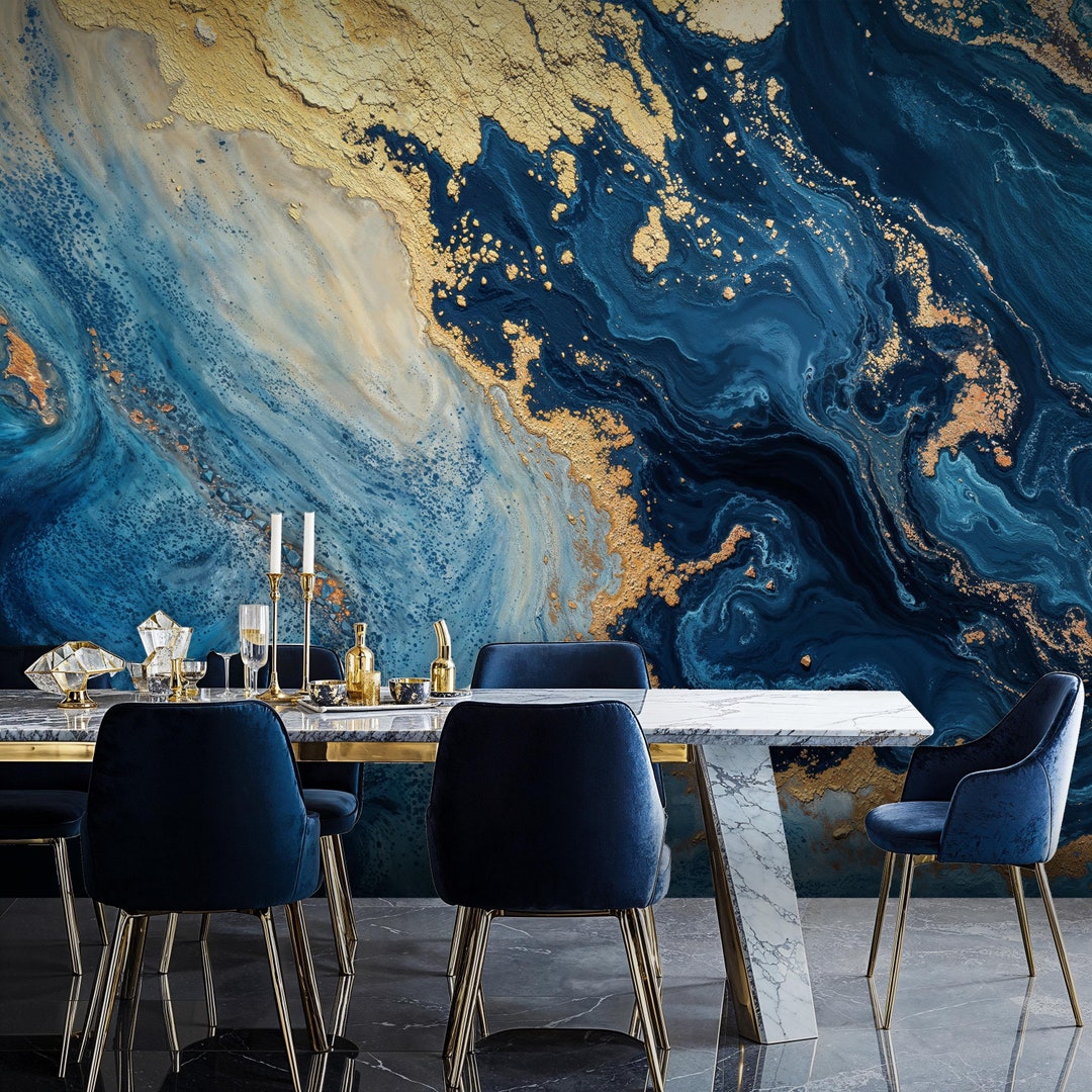 Blue and Gold Marble Wallpaper Mural: Peel and Stick - Etsy
