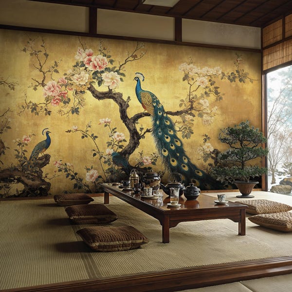 Mural de parede Pavão Dourado: Papel de parede autoadesivo com estampa chinesa de flor de cerejeira