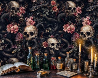 Gothic Skull and Snake Wallpaper: Dark Floral Wall Mural