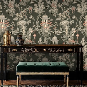 Chinoiserie Wallpaper: Red Florals, Bamboo, Pagodas - Botanical Wall Mural