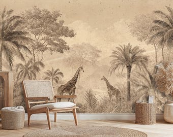 Vintage Safari Jungle Wallpaper Mural With Giraffes, Palm Trees Wall Mural, African Sepia Landscape Peel and Stick  Wallpaper Mural