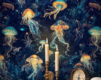 Jellyfish Peel and Stick Wallpaper: Dark Undersea Mushroom Mural