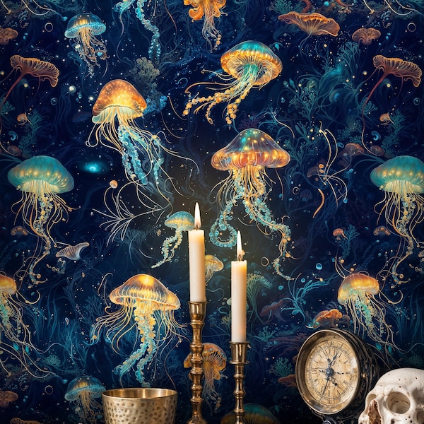 Jellyfish Peel and Stick Wallpaper: Dark Undersea Mushroom Mural
