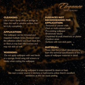 May include: A guide for applying Elegance Wallpaper, with instructions for cleaning, application, and warning. It also lists surfaces not recommended for application and materials used. The guide mentions avoiding placing wallpaper in areas exposed to steam or heat.