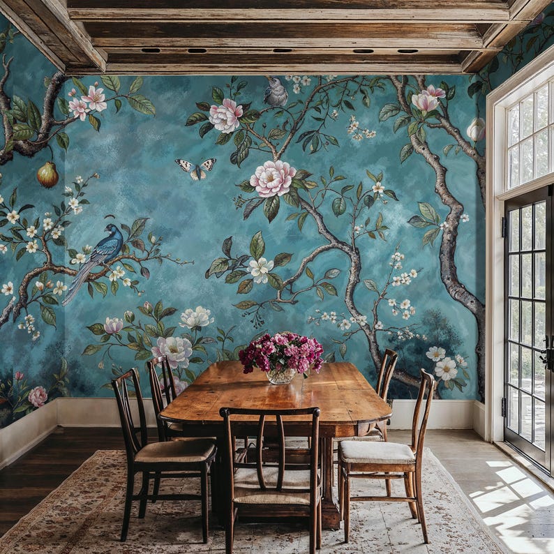 Blue Chinoiserie Wallpaper Mural: Birds & Magnolia Flowers (peel and ...