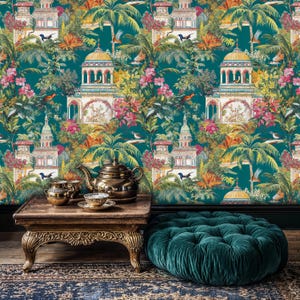 Lush Jaipur Garden Wallpaper, Tropical Teal Wall Mural, Indian Palace Wallpaper, Exotic Indian Architecture and Vibrant Foliage Wallpaper