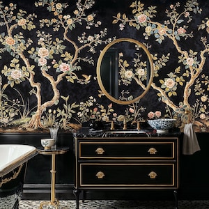Dark Chinoiserie Wall Mural, Tree and Birds Flower Wallpaper, Floral Wall Mural with Birds, Chinoiserie and Trees Wallpaper Peel and Stick
