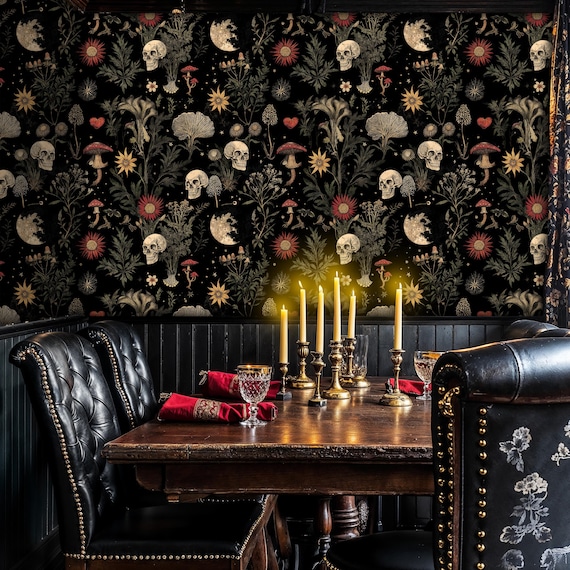 Gothic Skull and Flower Wallpaper: Dark Botanical Mural