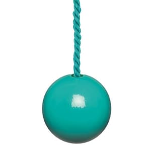 May include: A teal-coloured, spherical pull with a matching teal rope. The pull is smooth and glossy, with a small hole at the top where the rope is attached. The rope is tightly twisted and appears durable.