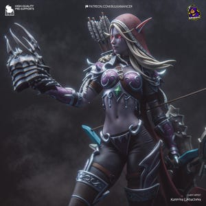 Peut inclure: Figurine détaillée d'un personnage féminin fantastique, vêtue d'une armure violette et argentée, tenant un arc et une flèche. Elle a de longs cheveux blonds, une capuche rouge et des oreilles pointues. La figurine est posée de manière dynamique.