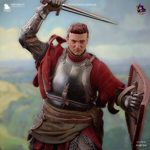 May include: A detailed figurine of a medieval knight in full armour, holding a sword aloft and a shield. The knight wears a red tunic and a metal breastplate. The background shows a blurred landscape.