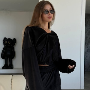 Velour Three-Piece Set – Crop Top Hoodie Wide Leg Pants Tracksuit, Comfortable Loungewear Athleisure Outfit, Long Sleeve Casual Set