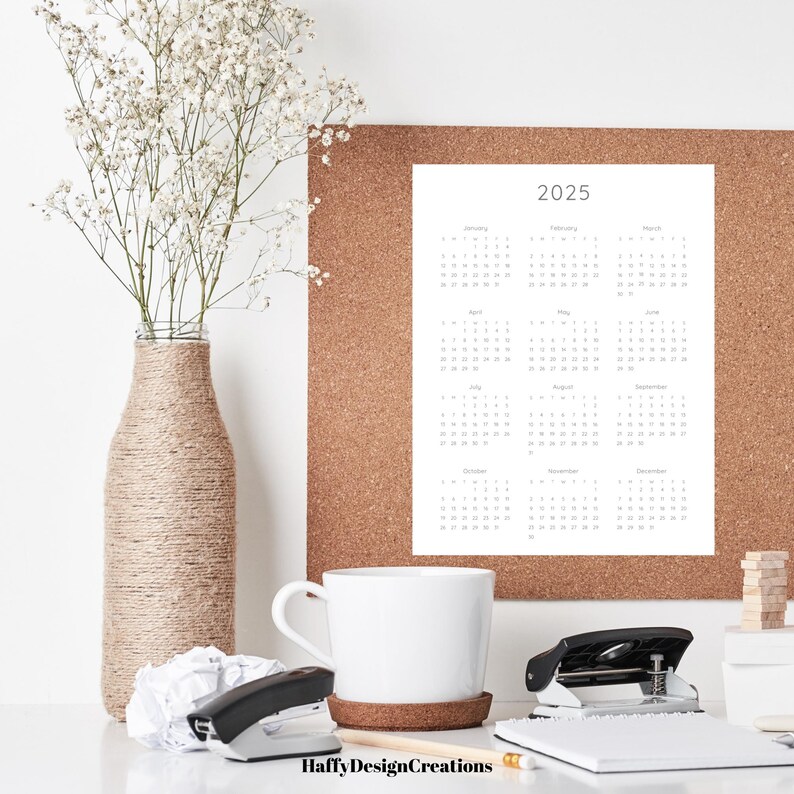 2025 Year at a Glance, 2025 Calendar, Minimalist Calendar, 2025 Planner