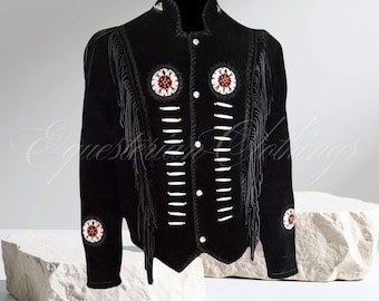 May include: Black suede jacket with fringe and decorative beading. The jacket features white stitching and circular embroidered patches with red and white accents. The collar and cuffs have detailed stitching. The jacket is displayed on a white background.