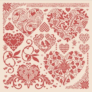May include: A cross-stitch pattern featuring a collection of red heart motifs on a light beige background. The design includes various heart shapes filled with intricate floral, vine, grape, and geometric patterns, along with small bird figures.