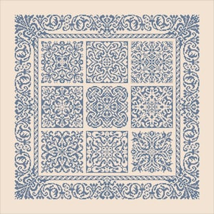 Peut inclure: Un motif de point de croix carré présentant une grille de neuf motifs ornementaux distincts en bleu et crème disposés sur trois rangées. L'ensemble du design est entouré d'une large bordure décorative bleue et crème à feuillage.