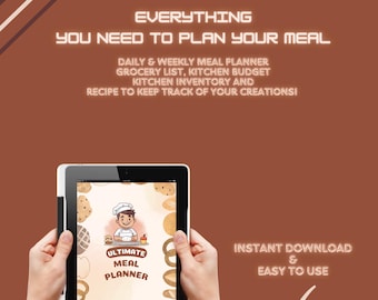May include: A digital tablet displaying a meal planner app with a cartoon chef and the text "Ultimate Meal Planner". The text "Instant Download & Easy to Use" is also visible on the image.