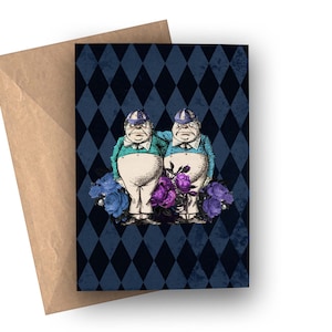 May include: A greeting card featuring a blue and black diamond pattern background with two cartoon characters wearing blue and white outfits and holding flowers. The characters are from the book Alice in Wonderland.