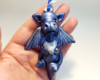 Dragon with Heart Decoration (Blue and Silver)