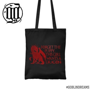 Forget the Puppy, This girl wants a dragon Tote Bag - Metallic Red on Black