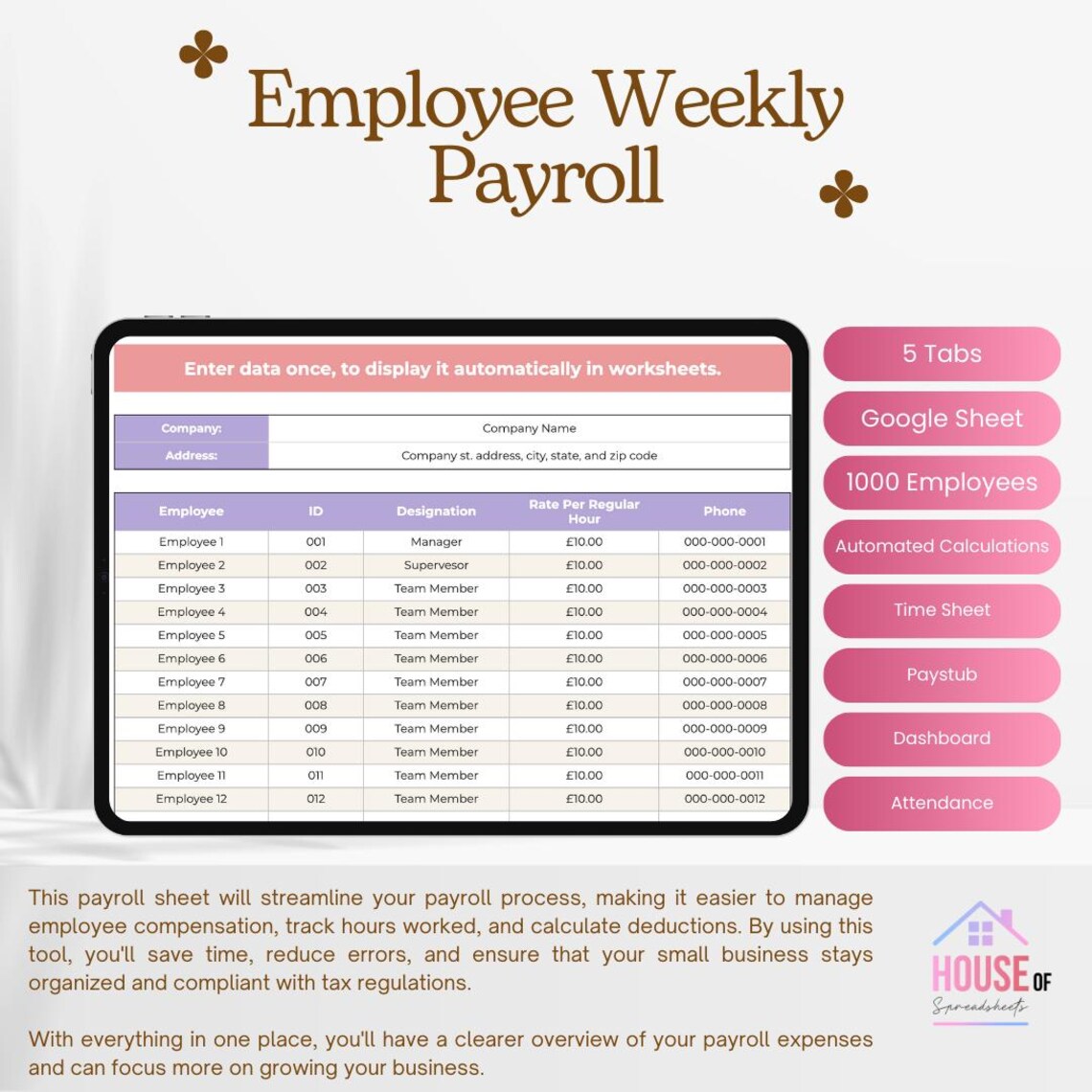 Weekly Employee Payroll | Google Sheets | Payroll Calculator | Timecard ...