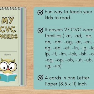May include: A spiral-bound educational booklet titled "MY CVC WORDS" with an owl illustration reading a book. The booklet includes a list of CVC word families and states it is a fun way to teach kids to read. The paper size is 8.5 x 11 inches.