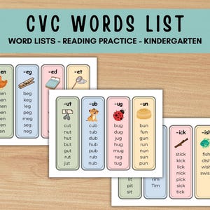 May include: A collection of CVC word lists for reading practice, designed for kindergarten students. Each list features words with a specific ending, such as -en, -eg, -ed, and -et, accompanied by colorful illustrations.