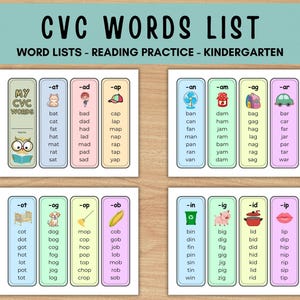 May include: Colorful CVC words list for kindergarten reading practice. The list includes words like "bat", "cat", "dad", "map", "ban", "dam", "bag", "car", and many more. The words are organized in columns with illustrations.