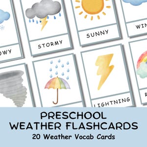 20 fiches de vocabulaire météo | Flashcards Montessori | Cartes météo | Cartes préscolaires | éducatives imprimables arc-en-ciel | Météo des tout-petits