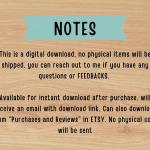May include: A digital download announcement on a wooden background. The text "NOTES" is in bold black letters on a light blue banner. Additional text explains the digital download process.