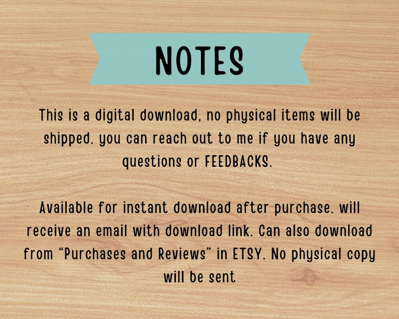 May include: A digital download announcement on a wooden background. The text "NOTES" is in bold black letters on a light blue banner. Additional text explains the digital download process.