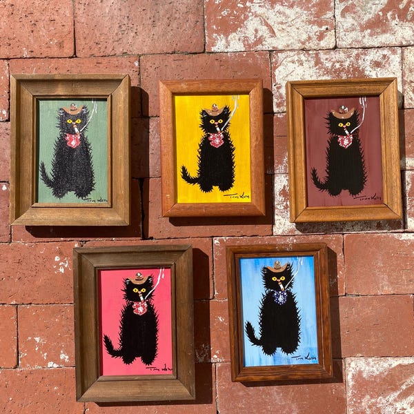 Mini hand painted cat cowboy smoking paintings framed 7x9