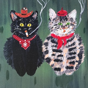 May include: An acrylic painting on canvas depicting two cats against a dark green background. A black cat wears a red cowboy hat and a red bandana, while a tabby cat wears a red beret and a red scarf. Both cats have cigarettes in their mouths.