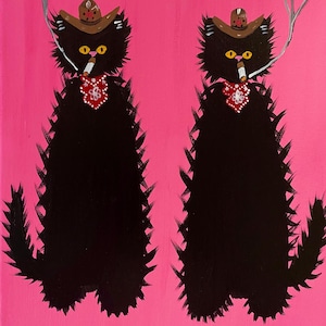 May include: A painting of two black cats with cowboy hats, bandanas, and cigarettes against a bright pink background. The cats have yellow eyes and white smoke is coming from the cigarettes.