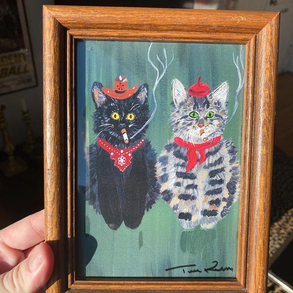 Mini Wyatt cat cowboy and French cat framed print