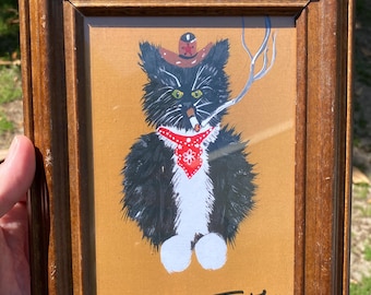 Mini tuxedo cat cowboy smoking art print framed