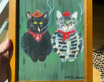 Wyatt cat cowboy and French tabby smoking art print framed 10x12