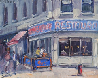 New York City Original Plein Air Oil Painting - Seinfeld Coffee Shop