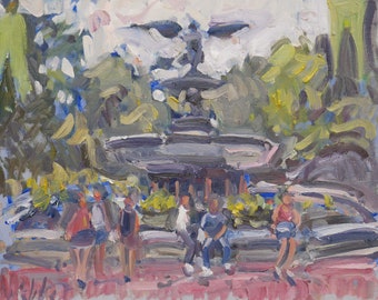 New York City Original Plein Air Oil Painting - Bethesda Fountain in Central Park