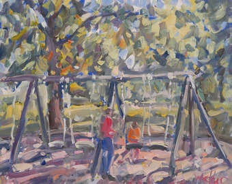 New York City Original Plein Air Oil Painting - Swings in Central Park