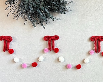 Handmade Pom-Pom and Crochet Bow Garland - Red, Pink, and White Banner for Christmas, Baby Showers, and Parties
