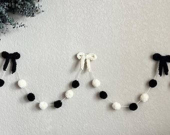 Handmade Black and White Pom-Pom and Crochet Bow Garland - Black and White Banner - Neutral Nursery and Party Decor
